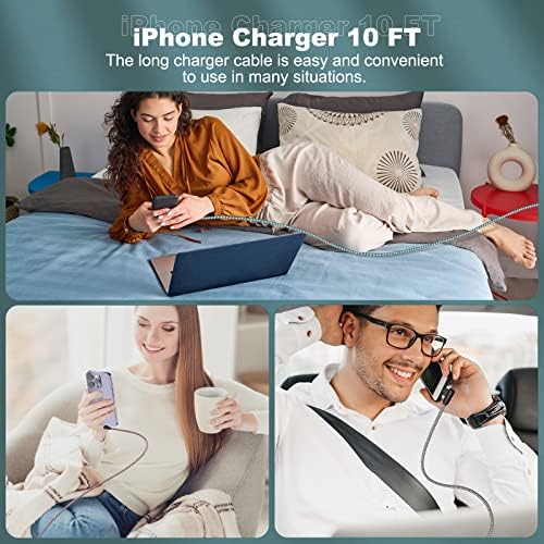 Premium 3-Pack 10 FT Right Angle Lightning Charger for i Phone – Apple MFi Certified Fast Charging Cable for i Phone 14/13/12/11 Pro/Pro Max/Mini/XS/XR/8/7 Plus & i Pad – Ideal for Car Play & Enhanced Durability for Everyday Use