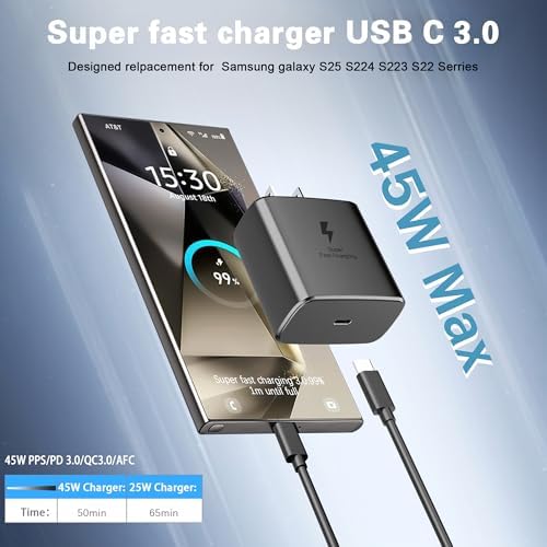 High-Powered 45 W USB-C Charger for Samsung Galaxy Devices – Ultimate Fast Charging with 6 FT Cable, Compact Design, and Advanced Safety Features for S25/S24/S23/S22/S21/S20/Note 20/10 Users – Experience Unmatched Efficiency and Portability