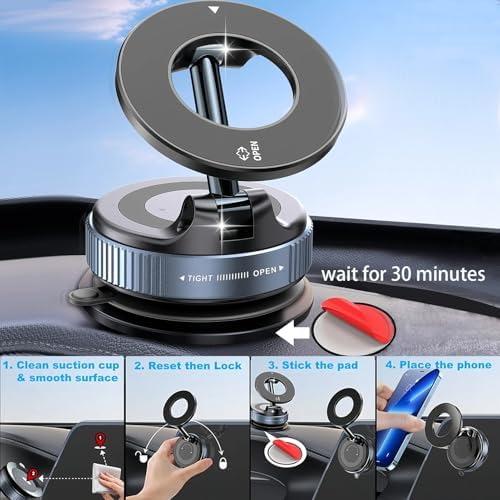 2025 Premium Vacuum Magnetic Phone Holder – 360° Rotatable Car Mount with 89 LB Suction Cup for i Phone & Android, Ideal for Gym and Mirror Use, Sleek Black Design with Superior Magnetic Strength and Universal Compatibility