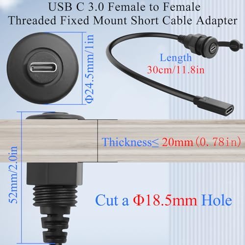 QIANRENON USB C 3.0 Female to Female Bulkhead Mount Adapter – 5 Gbps High-Speed Data Transfer & 60 W Rapid Charging Cable for Furniture, Vehicles, RVs – Compact 30 cm Connector for Enhanced Versatility & Secure Installation