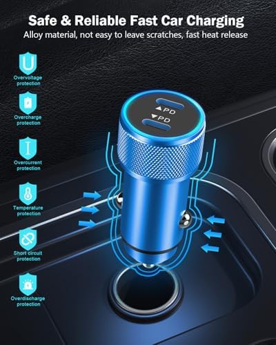 Fast Charge Dual USB-C Car Charger for i Phone 16/16 Pro Max/15 with Braided Nylon Cable – High-Speed PD3.0 Adapter for Convenient On-the-Go Charging – Durable, Compact Design for i Pad Compatibility – Tangle-Free Solution for Everyday Use – Essential Road Trip Companion