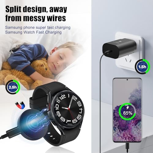 Galaxy Watch 25 W Fast Charger: Premium Split Design Charging Cable for Galaxy Watch 76/6 Classic/5 Pro/5/4/4 Classic, Galaxy S24/S23 Ultra/S22/Note/Z Flip 6 – 5 ft Durable Type-C Charging Solution for Ultimate Portability and Speed