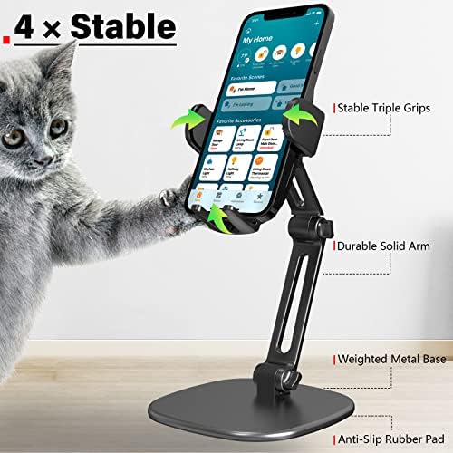 APPS2Car Phone Stand for Desk [No Dropping Stable Triple-Clamp Holder] Adjustable Height 360 Degree Rotation Heavy Base Thick Case Friendly, Multifunctional Cell Phones Stand for iPhone Android Phones – Enhanced Compatibility and Speed