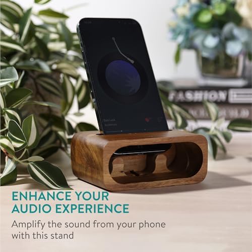 Navaris Bamboo Phone Stand – Bamboo Phone Stand for Desk – Enhanced Sound with Built-in Amplifier – Portable Bamboo Cell Phone Holder Charging Dock for Kitchen Office Bedside – Enhanced Compatibility and Speed