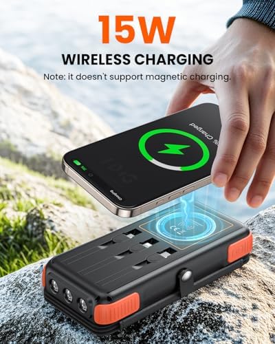 Ultimate SOARAISE 25000 m Ah Solar Power Bank: Fast Wireless Charging with Built-in Cables, Dual USB Outputs, 4 Solar Panels & Triple LED Flashlights for Outdoor Adventures – Reliable Portable Charger for Camping & Emergencies