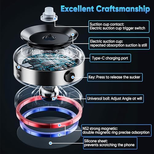 Premium 360° Adjustable Electric Vacuum Suction Phone Mount – Innovative Magnetic Holder for Seamless Car and Gym Use – Designed for Mag Safe i Phones – Effortless Tool-Free Installation with Sleek Silver Finish for Ultimate Convenience and Stability