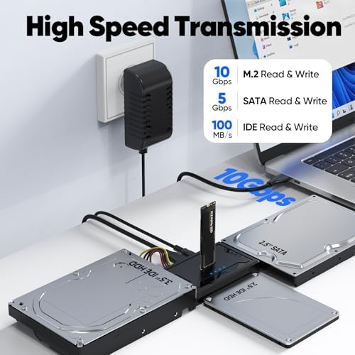 4-in-1 Hard Drive Reader Docking Station: Ultra-Fast 10 Gbps USB 3.2 M.2 SATA IDE Adapter, Effortless Data Retrieval for HDD/SSD & Blu-ray Drives – Compact, Plug-and-Play Design with 12 V Power Supply for Enhanced Compatibility and Performance