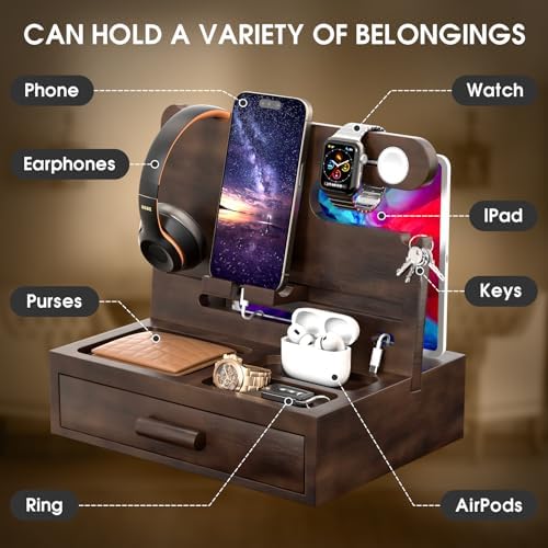 melafa365 Nightstand Organizer for Men,Phone Docking Station with Cable Management,Night Stand with Drawer,Bedside Organizer for Watches,Keys,Wallets,Gifts for Men(Wood) – Enhanced Compatibility and Speed
