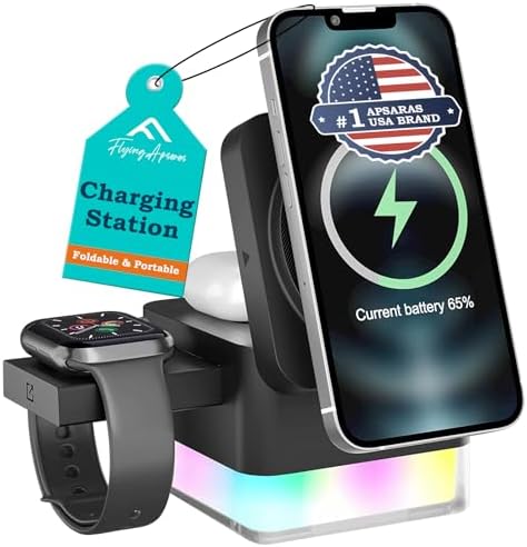 APSARAS 3-in-1 Wireless Charging Station for i Phone 16/15/14/13/12, Air Pods & Apple Watch Series S11 – Stylish Mag Safe Compatible Dock with Enhanced Speed and Safety Features for Clutter-Free Charging Solutions