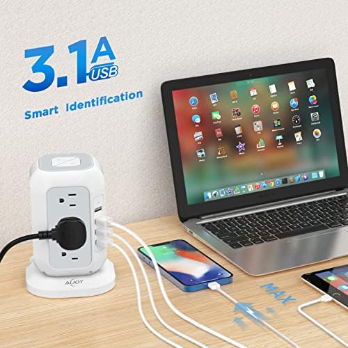 Ultimate Power Strip Tower with USB Ports – Ai Joy 12 AC Outlet Surge Protector and 4 USB Charging Station with 10 Ft Extension Cord, Overload Protection for Home, Office, and Dorm Use – Space-Saving Design for Enhanced Device Compatibility and Fast Charging