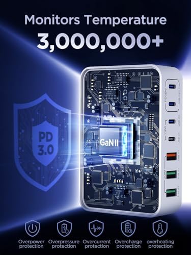 Aione 165 W Ga N Charging Hub – 7-Port Multi-Device Fast Charging Station with 5 ft Cord for i Phone 16/15/14/13/12, Samsung Galaxy S24/S23/S22 & Mac Book – Ultimate Desk Organizer and Power Solution for Tech Enthusiasts