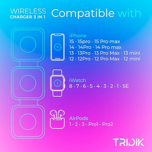 3-in-1 Wireless Charging Station – 15 W Fast Magnetic Charger for i Phone, Apple Watch & Air Pods – Foldable Travel Design with 20 W Adapter – TRIDIK Enhanced Portability & Efficiency – Ultimate Convenience for Modern Tech Users