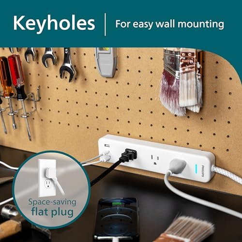 Philips EZFit Surge Protector with 3 Outlet Power Strip and 6 ft Braided Cord – Enhanced Charging Station Featuring 2 USB-A and 1 USB-C, 490 Joules of Surge Protection, Space-Saving Design in Sleek White for Home and Office Use