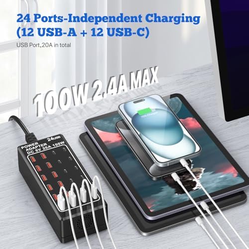 24-Port USB Charging Hub with 100 W Fast Charge Capability – Multi-Device Desktop Station with 12 USB-A & 12 USB-C Ports for Rapid Power Delivery to i Phone, i Pad, Samsung Galaxy, Laptops, and More – Space-Saving Design Ideal for Home or Office Use