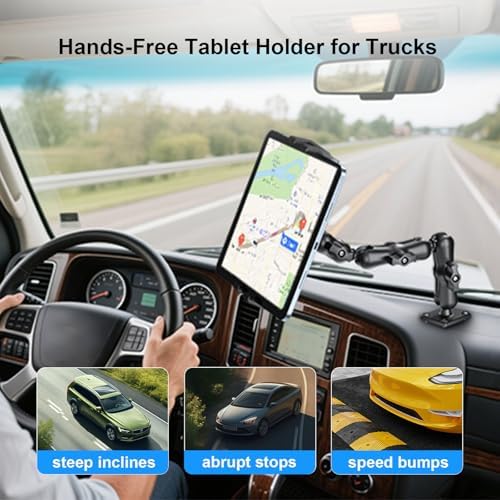 Ultimate Heavy-Duty Tablet Mount for Trucks – Adjustable 2-Stage Drill Base Holder for i Pad & Galaxy Tab (5.1-15.6” Devices) – Secure, Versatile, and 360-Degree Rotatable for Enhanced On-the-Go Visibility and Safety