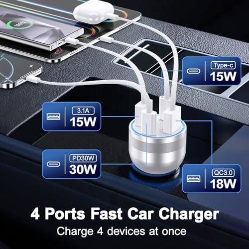 High-Powered 4-Port 65 W USB C Car Charger for Fast Charging – Dual USB-C & USB-A Ports with Included Car Play Cables, Compatible with i Phone 16/15/14/13/12 Pro Max, i Pad, Samsung S25 – Ultimate Solution for Road Trips and Daily Commutes