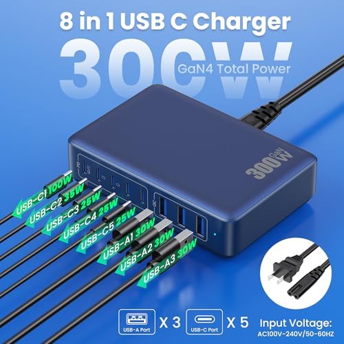 Power Up in Style: 300 W Ga N IV 8-Port USB-C Charging Hub – Fast PD 100 W Charger for Mac Book, i Phone 16/15/14, and Galaxy Devices – Ultimate Compact Charging Solution for Home and Travel Efficiency – Multi-Device Compatibility with Rapid Charging Capability – Engineered for Professionals and Tech Enthusiasts – Stay Powered Anywhere with This Versatile Charging Station