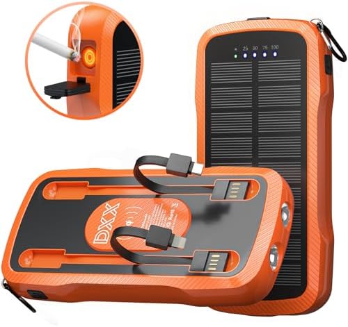 Portable Solar Power Bank 10,000 m Ah – Dual Built-in Cables & Fast 15 W Wireless Charging – Eco-Friendly Design with Cigarette Lighter & 3 LED Flashlight Modes – Perfect for Camping, Emergencies & Everyday Use – Ideal Gift for All Occasions