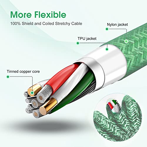Retractable Green Braided Lightning Cable: 2 ft-8 ft USB-A Fast Charging Cord with Right Angle Connector for i Phone, i Pad, and Air Pods – Ultimate Flexibility and Strength for On-the-Go Charging Solutions