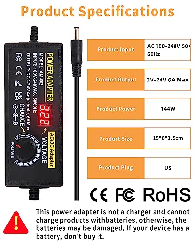 Versatile AOYADAISU 120 W Adjustable DC Power Supply with 14 Tips & Polarity Converter – Perfect for Fast Charging LED Strip Lights, Cameras, and More – 3 V-24 V Output with 5 A Maximum Current for Ultimate Compatibility and Performance