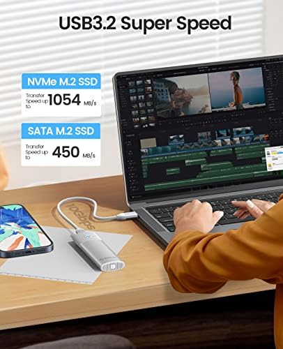 ORICO Tool-Free M.2 NVMe SATA SSD Enclosure Adapter – High-Speed USB-C 3.2 Gen 2 External Drive for 2230/2242/2260/2280 M.2 SSDs – Durable Aluminum Case with UASP & TRIM Support for Optimal Performance – Portable Data Storage Solution