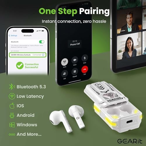 GEARit Ultimate True Wireless Bluetooth Earbuds – Premium Ergonomic In-Ear Headphones with Advanced Noise-Canceling Mic and Sleek RGB Charging Case – Perfect for Active Lifestyles, Business Calls, and Daily Use – Water-Resistant Design Optimized for i Phone & Android – Immerse Yourself in Superior Sound Quality with Cutting-Edge Bluetooth 5.3 Connectivity