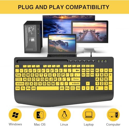 SABLUTE Ergonomic Large Print Wired Keyboard with Wrist Rest & Phone Holder – Perfect for Enhanced Visibility and Comfort in Windows, Desktop & Laptop Use – Eye-Catching Yellow Design for Effortless Typing Experience