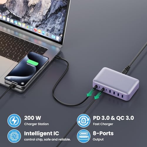 Powerful 200 W Ga N III USB C Multi-Device Charging Hub – 8-Port Rapid Charger for Mac Book Pro/Air, DELL, i Phone 16/15/14, Galaxy S23/22 – PD 65 W Laptop Adapter for Effortless Portability and Enhanced Connectivity Solutions
