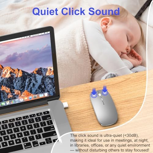 Sleek Silver Bluetooth Wireless Mouse for Mac Book Air & Pro – Ergonomic, Rechargeable, and Silent Tri-Mode Connectivity (2.4 G USB-C/USB-A, Bluetooth 5.2/3.0) for Ultimate Productivity on the Go