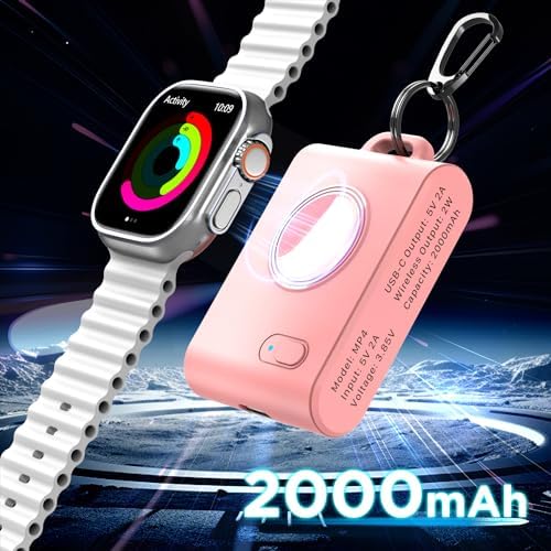 Compact Keychain Magnetic i Watch Charger Duo – Portable 2000 m Ah Power Bank for Apple Watch Series 1-9, SE, Ultra & Ultra 2 – Stylish Black & Pink Design for On-the-Go Charging Efficiency