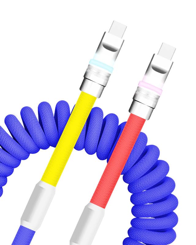 Neon Chubby Spiral Charge Cable – Vibrant 2.29-3.6 FT Type-C Coiled Charger for USB-C and Carplay Devices, Fast Sync and Charge, Tangle-Free Design in Bold Purple and Light Green, Perfect for Smartphones and Tablets