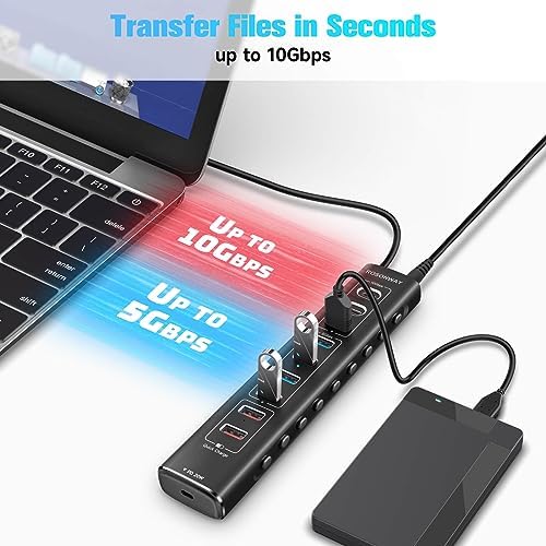 Maximize Your Device Connectivity with Rosonway 10-Port USB 3.2 Hub – Ultra-Fast 10 Gbps Data Transfer, 60 W Fast Charging, Sleek Aluminum Design for Enhanced Productivity on Laptops and PCs