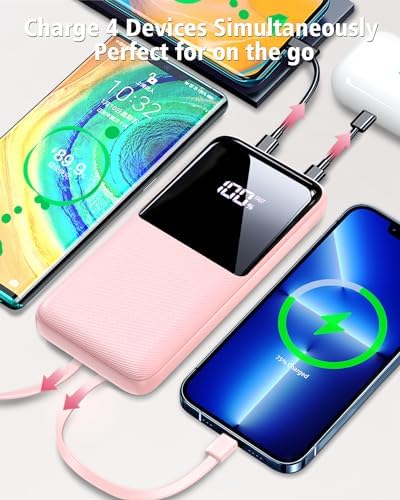 High-Capacity 20,000 m Ah Portable Power Bank – Ultra-Fast Charging Battery Pack with Built-In USB-C and i OS Cables for i Phone, Android, and Samsung Devices – Ideal Travel Companion for Uninterrupted Connectivity – Durable and Lightweight Design (1 Pack, White)