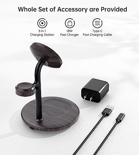 Sleek Yellow Wood Grain 3-in-1 Wireless Charging Station for Apple Devices – Fast 15 W Mag-Safe Charger with QC 3.0 Adapter for i Phone 16/15/14/13/12, Apple Watch Ultra/S9/8, and Air Pods – Elevate Your Workspace with Ultimate Compatibility and Modern Aesthetics, Perfect for Streamlined Charging Solutions