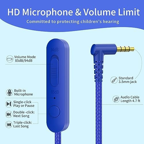 Safe Listening Over-Ear Headphones for Kids – Durable Foldable Wired Design with Volume Limiter and Built-in Mic – Comfortable Navy/Blue Headset Ideal for Educational Use and Gaming – Perfect Compatibility with Tablets, Computers, and Smartphones – Stylish Audio Solution for Young Learners