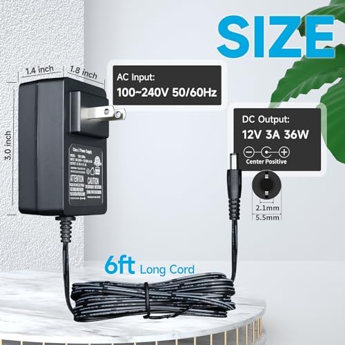Universal 12 V 3 A Power Supply Adapter – 36 W ETL Certified AC/DC Charger with 8 Interchangeable Tips for Versatile Device Compatibility – Ideal for LED Strip Lights, CCTV Cameras, Printers, and Routers with 6 ft Cord for Enhanced Flexibility and Fast Charging Solutions
