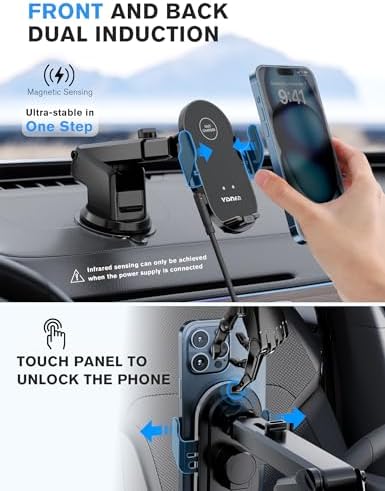 15 W Fast Wireless Car Charger with Auto-Clamping Technology – 3-in-1 Versatile Phone Mount for i Phone 15/14/13/12 & Galaxy S23/S22/S21/S10+ – Efficient Dashboard, Vent, and Windshield Holder in Stylish Black for Ultimate Smartphone Compatibility and Convenience