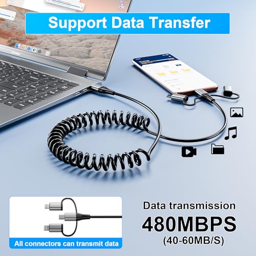 Universal 6-in-1 Coiled USB A/C to USB-C/Lightning/Micro Charging Cable – 3 A High-Speed Charging for i Phone, i Pad, and Android Devices – Seamless Compatibility with Apple Car Play & Android Auto – Tangle-Free Design for Ultimate Portability and Convenience