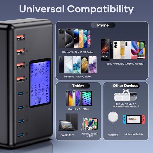 Ziwodiv 8-Port USB Charging Hub – 60 W Multi-Device Power Station with LED Status Indicator for i Phone, i Pad, Samsung & Android – Compact and Efficient Desktop Charger with Advanced Safety Features for Home and Office Use