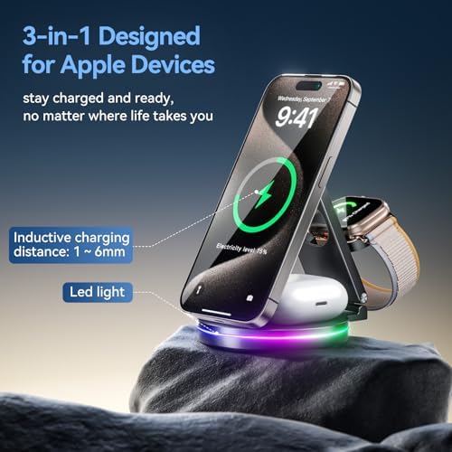 Sleek 3-in-1 Wireless Charging Station for Apple Devices – 15 W Fast Mag-Safe Qi-Certified Portable Charger Stand for i Phone 12/13/14, Apple Watch & Air Pods Pro/2/3 – Adjustable Viewing Angle & Compact Design in Elegant Silver Finish – Ultimate Convenience for Home and Office Use