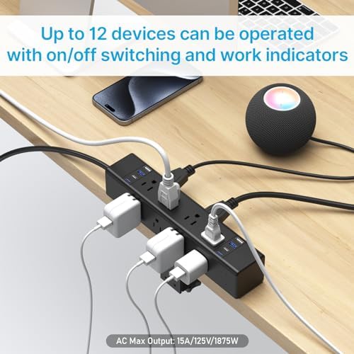 Revolutionize Your Workspace with the CCCEI 12-Outlet Power Strip and 20 W USB-C Charging Hub – Premium Surge Protector with 4800 J Defense, Easy-Access Switch, and 6 FT Cord for Thicker Desk Edges or Screw Mounting – Perfect for Home or Office Organization