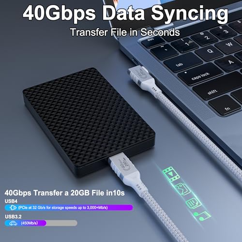 White Thunderbolt 4 Cable Long, Right Angle USB 4 Cable 90 Degree, 240W USB c Cable 40gbps Data Transfer, 8K@60Hz Display, Compatible with Docks eGPU Hub 6.6ft/2M – Enhanced Compatibility and Speed