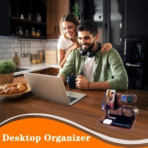 Gifts for Men Women Dad Husband Boyfriend Wood Phone Docking Station Nightstand Organizer for Men Birthday Gifts (Dark Brown) – Enhanced Compatibility and Speed