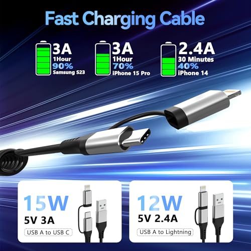 Universal Coiled USB to USB-C and Lightning Charging Cable for Car – 3 A Fast Charge & Data Sync Solution for i Phone and Android Devices – Ideal 3 Ft Length for Seamless Apple Car Play & Android Auto Integration – Durable, Tangle-Free, and Convenient Power Access in Your Vehicle – Enhance Your Driving Experience with Reliable Connectivity