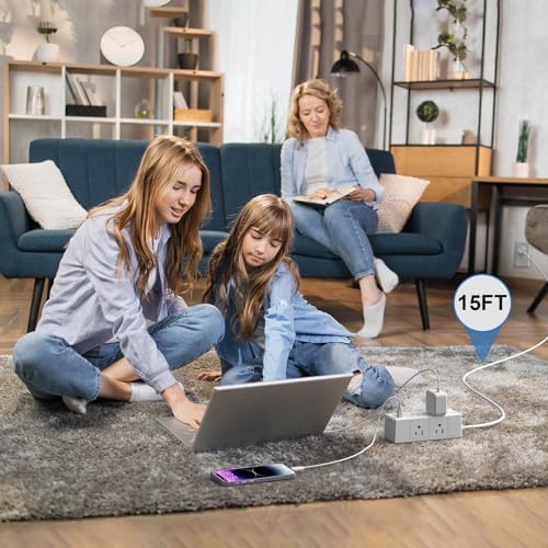 15 Ft Flat Plug Power Strip with 6 AC Outlets and 3 USB Ports – Tcstei Compact Extension Cord for Home, Office, and Dorm Room – Versatile ETL Certified Power Solution with Fast Charging and Space-Saving Design