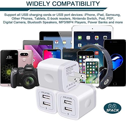 AILKIN 3-Pack Dual USB 5 V/2.1 A Wall Charger – Fast Charging Power Adapter for i Phone 15, Samsung Galaxy, Google Pixel – Compact Travel-Friendly Design with Enhanced Compatibility and Safety Features