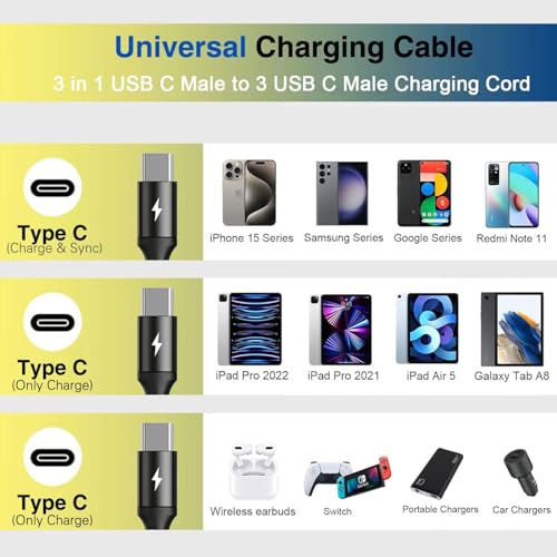 6 ft USB-C Multi-Splitter Charging Cable for 3 Devices – Durable Nylon Braided Design for Fast Charging & Data Transfer, Compatible with i Phone 15/16, Samsung Galaxy, Tablets & More – Perfect for Home and Travel Use