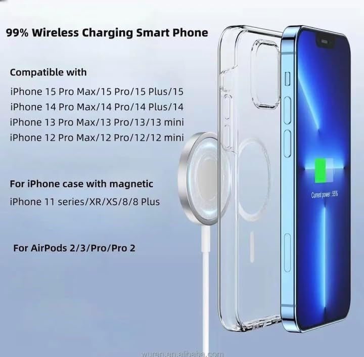 Magnetic Fast Wireless i Phone Mag Safe Charger for Series 12-15 & Air Pods 2/3/Pro – 15 W Quick Charge Pad with Strong Magnetic Hold, Enhanced Safety Features, and Sleek Design for Effortless Charging on the Go