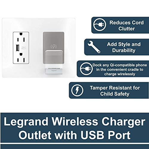 Legrand Radiant RWC826 Premium Wireless USB Charger – Qi-Certified Fast Charging Hub with 15 Amp Tamper-Resistant Outlets & Type A USB Port – Sleek White Design for Effortless Device Powering in Home & Office Environments