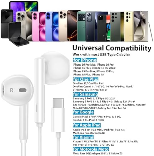 USB C Hi-Fi DAC Earbuds – Wired Headphones for i Phone 16 Plus, Samsung Galaxy S24, Pixel 8 & More – Lightweight Design with Microphone & Volume Control – Enhanced Audio Quality & Versatile Compatibility for Music Lovers & Professionals